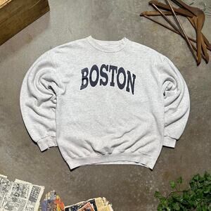Vintage 90s Boston Crewneck Mens Large Grey Navy Blue Spellout Sweatshirt